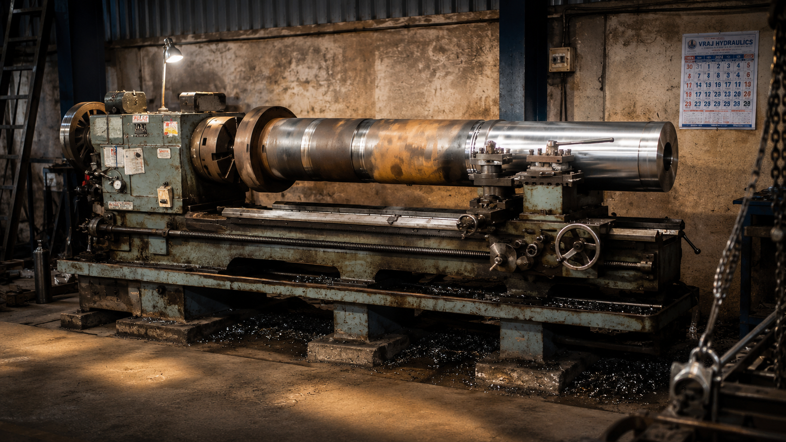 Heavy duty lathe and cylindrical machining setup